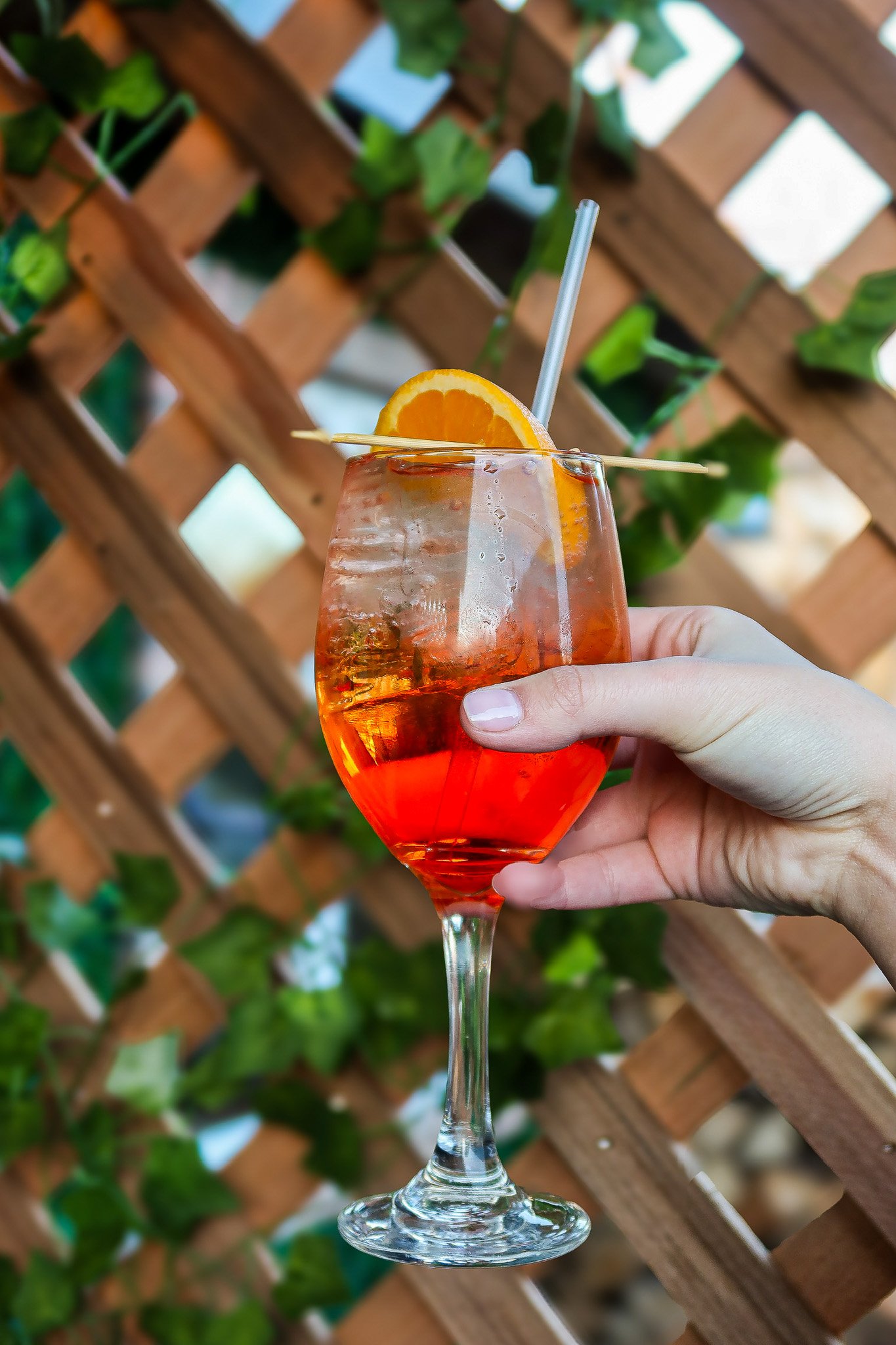 A hand holding a tall glass of orange-colored cocktail with ice, an orange slice garnish, a straw, and a cocktail pick, against a background of a wooden lattice with green plants.